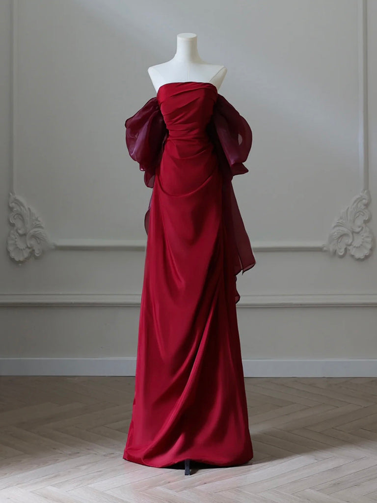 Simple Satin Burgundy Long Classy Prom Dress, Burgundy Long Prom Dress Main image