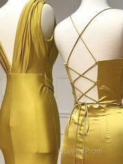 Simple Satin Gold Long Evening Prom Dress, Gold Satin Long Formal Dress
