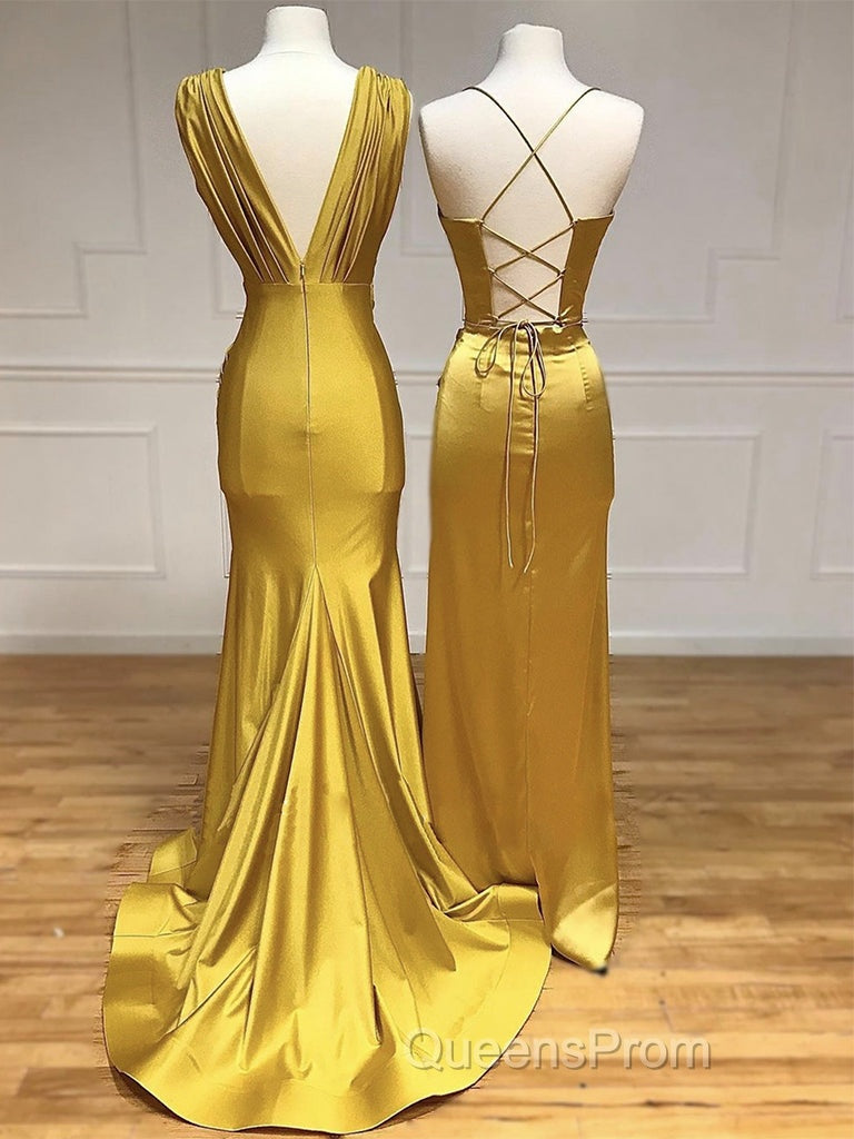 Simple Satin Gold Long Evening Prom Dress, Gold Satin Long Formal Dress