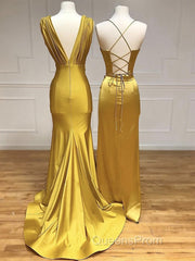 Simple Satin Gold Long Evening Prom Dress, Gold Satin Long Formal Dress