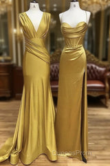 Simple Satin Gold Long Evening Prom Dress, Gold Satin Long Formal Dress