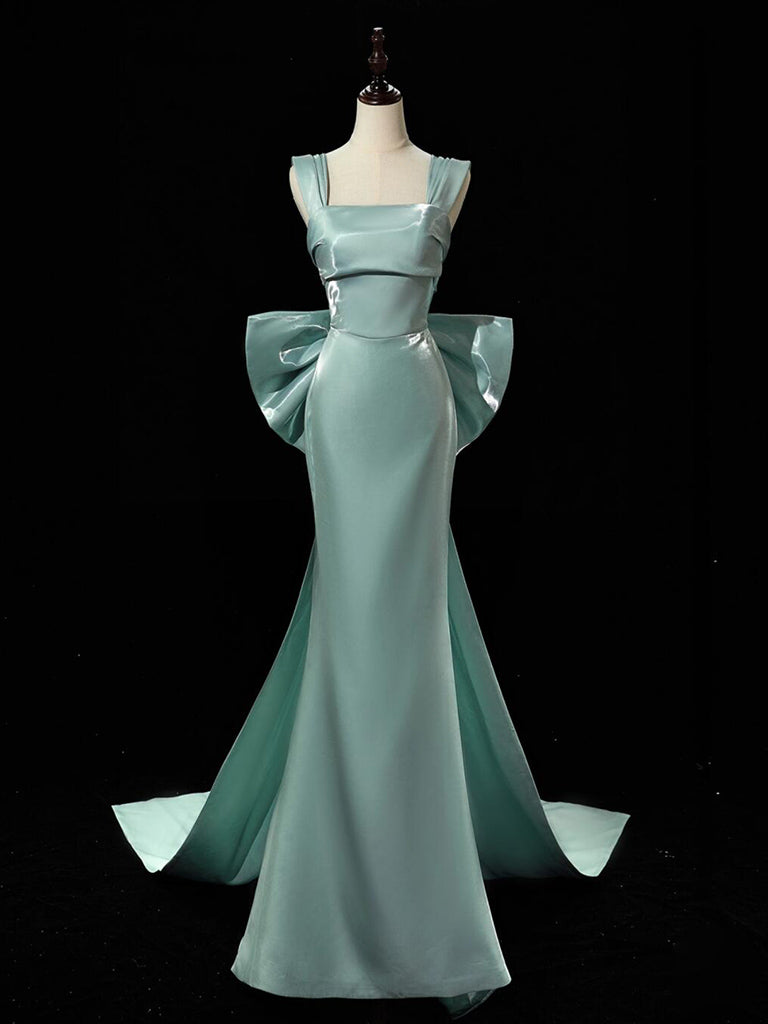 Simple Satin Green Long Classy Prom Dress, Green Long Classy Dress With Bow Tie Main image