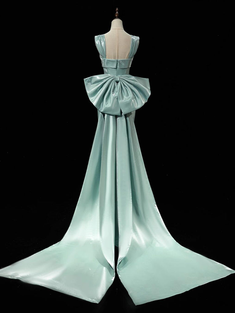 Simple Satin Green Long Classy Prom Dress, Green Long Classy Dress With Bow Tie Secondary image