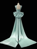 Simple Satin Green Long Classy Prom Dress, Green Long Classy Dress With Bow Tie