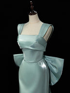 Simple Satin Green Long Classy Prom Dress, Green Long Classy Dress With Bow Tie