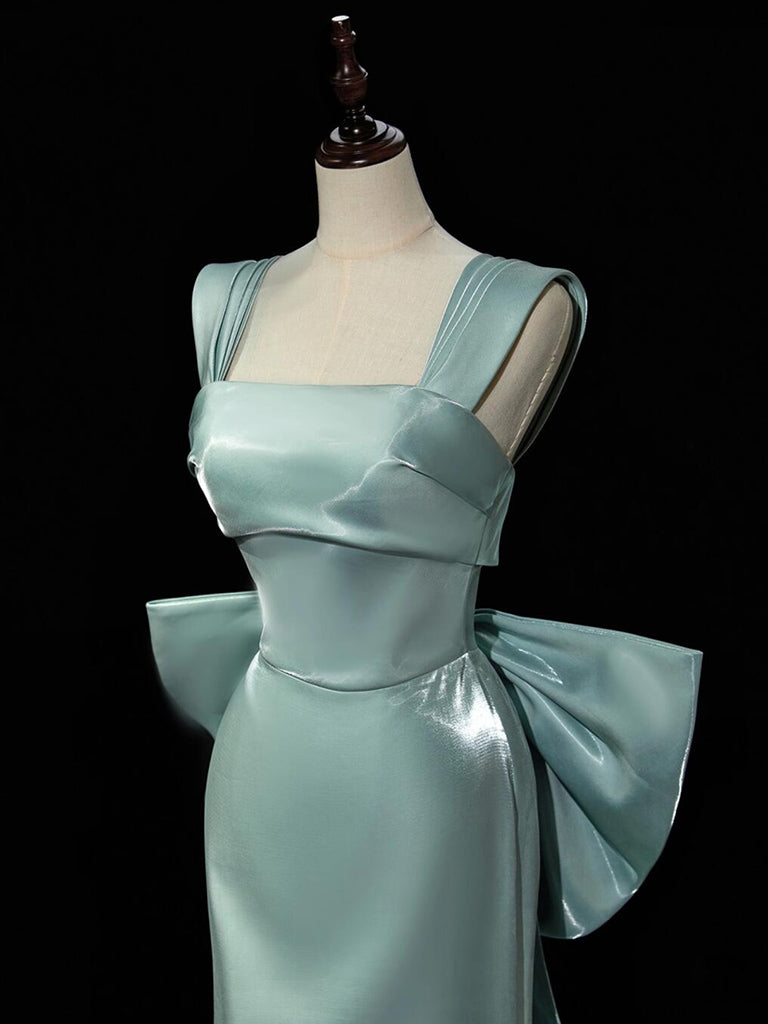 Simple Satin Green Long Classy Prom Dress, Green Long Classy Dress With Bow Tie
