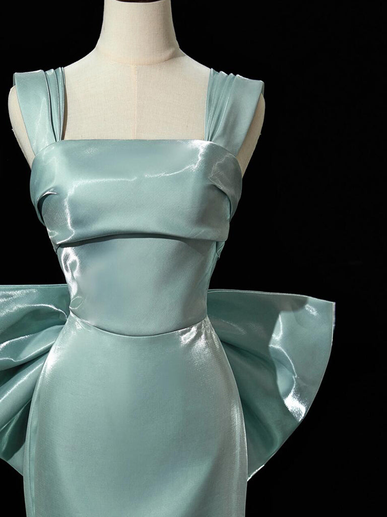 Simple Satin Green Long Classy Prom Dress, Green Long Classy Dress With Bow Tie