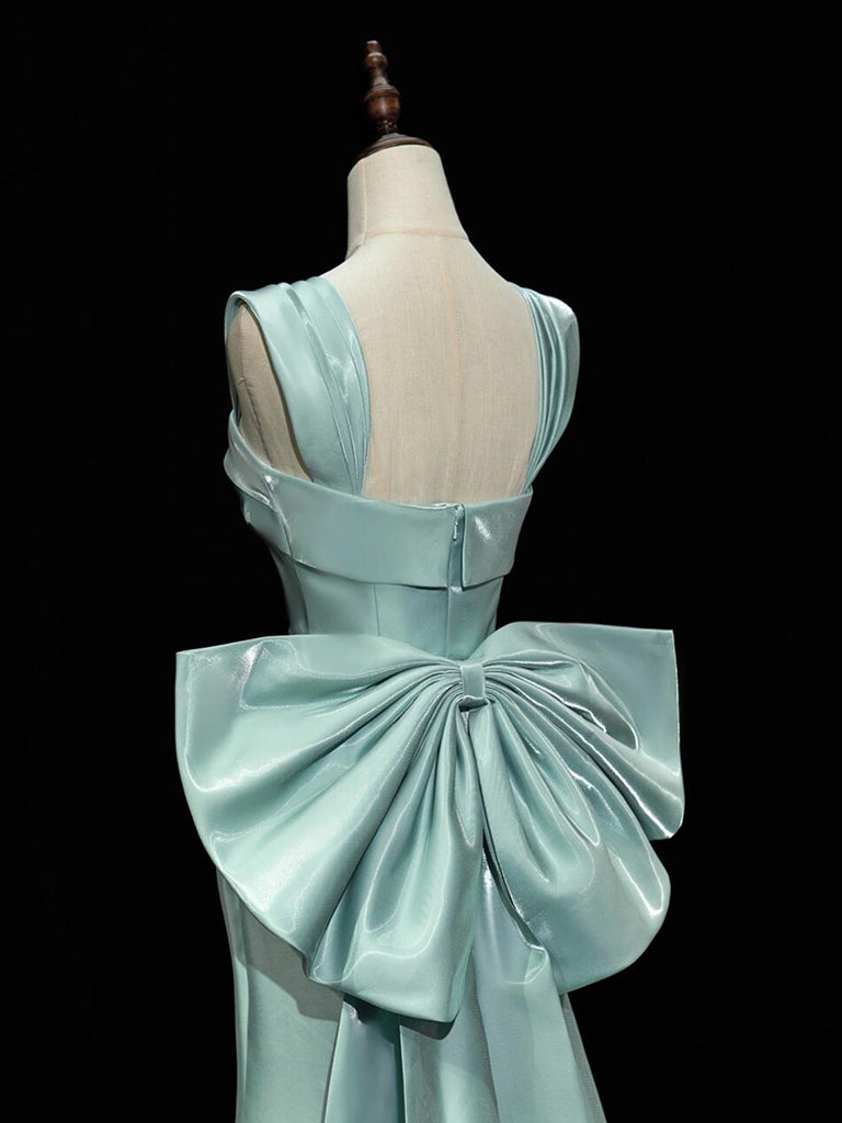 Simple Satin Green Long Classy Prom Dress, Green Long Classy Dress With Bow Tie