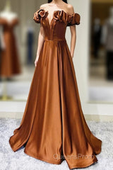 Simple Satin Long Evening Prom Dress, Off The Shoulder V-Neck Evening Dress