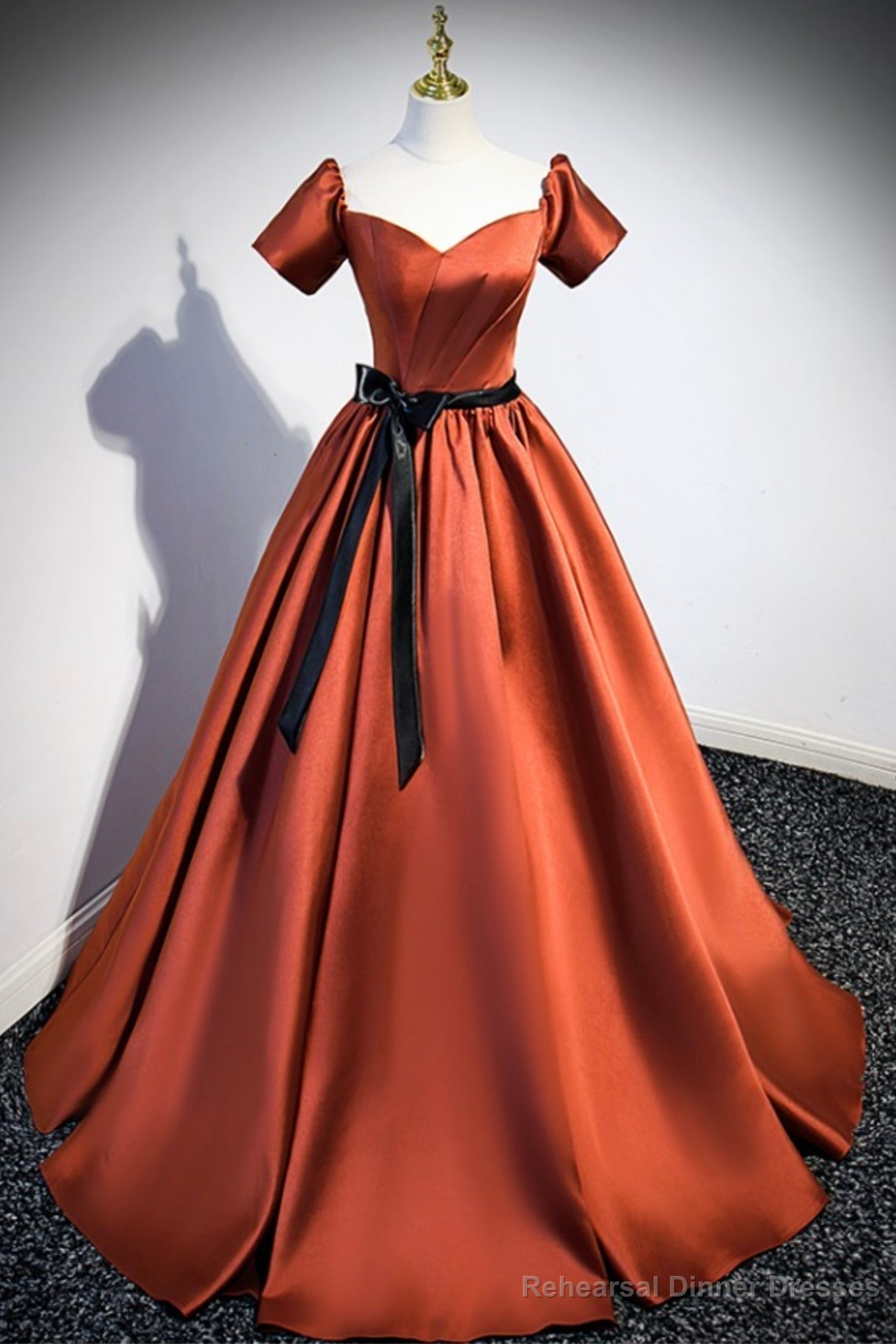 Simple Satin Long Prom Dress, Short Sleeve A-Line Evening Party Dress Main image