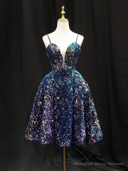 Simple Sequin Blue Short Prom Dress, Blue Homecoming Dress