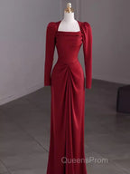 Simple Sheath Long Sleeves Red Evening Prom Dress Evening Dress