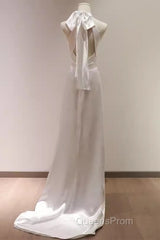 Simple Sheath Satin White Long Wedding Dress Backless Brides Dress
