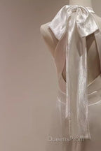 Simple Sheath Satin White Long Wedding Dress Backless Brides Dress