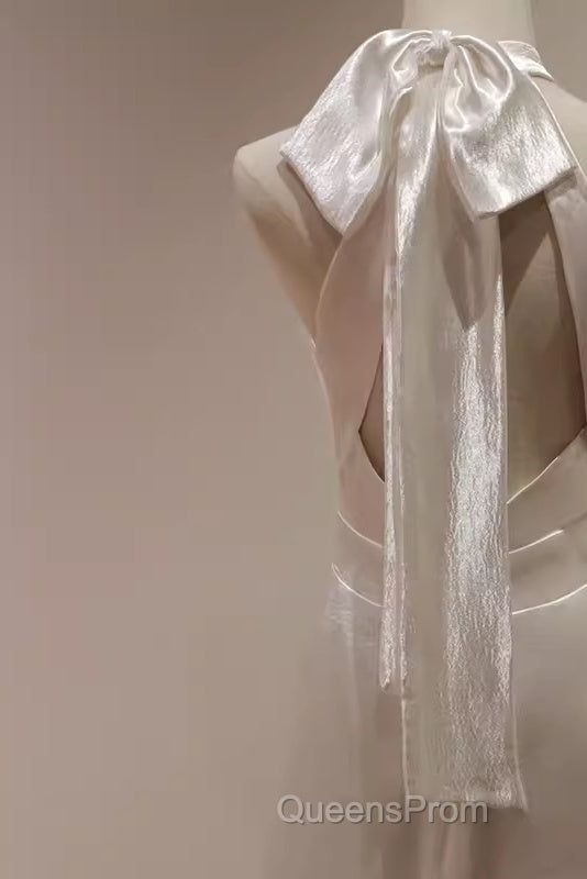 Simple Sheath Satin White Long Wedding Dress Backless Brides Dress