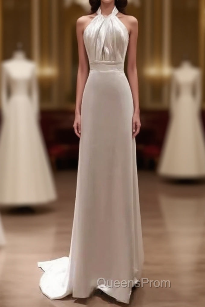 Simple Sheath Satin White Long Wedding Dress Backless Brides Dress Main image