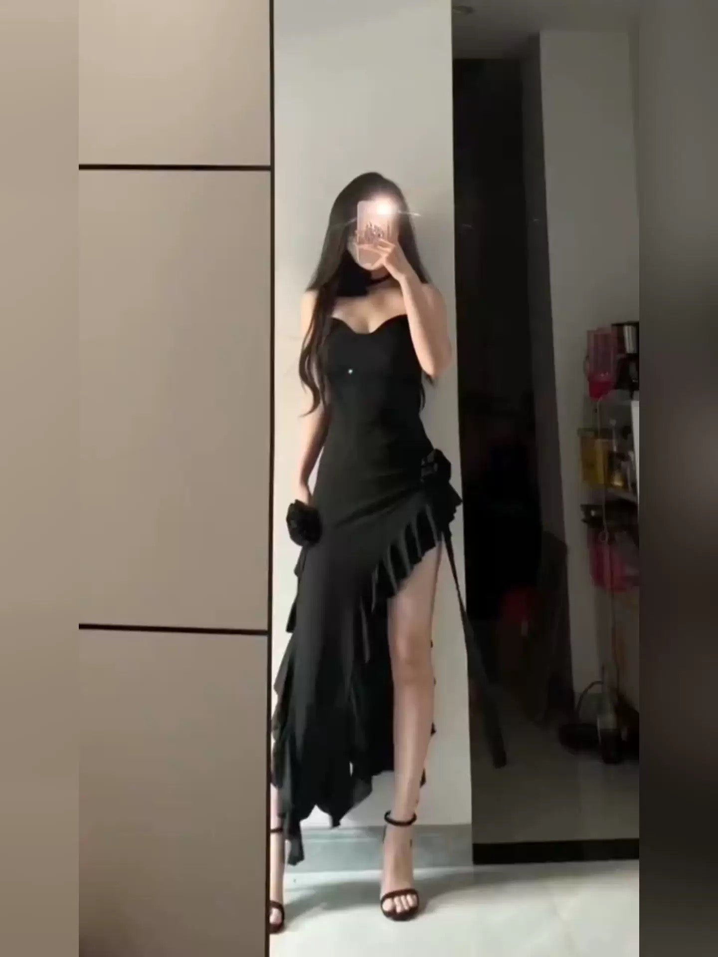 Simple Sheath Spaghetti Straps Black Satin Vacation Beach Dress Long Birthday Dress Secondary image
