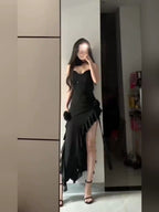 Simple Sheath Spaghetti Straps Black Satin Vacation Beach Dress Long Birthday Dress