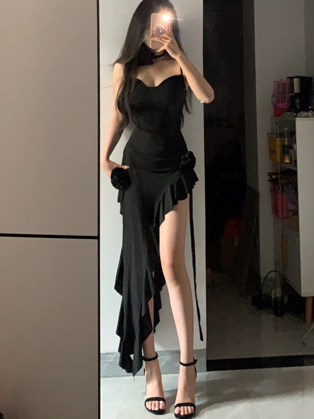 Simple Sheath Spaghetti Straps Black Satin Vacation Beach Dress Long Birthday Dress