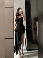 Simple Sheath Spaghetti Straps Black Satin Vacation Beach Dress Long Birthday Dress
