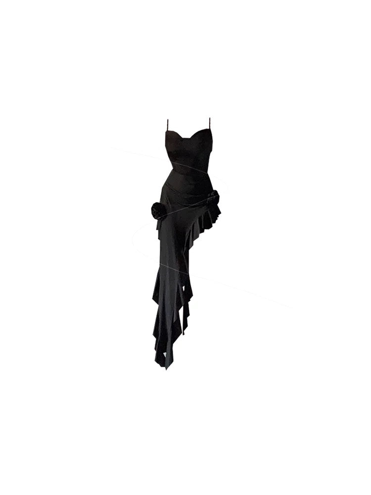 Simple Sheath Spaghetti Straps Black Satin Vacation Beach Dress Long Birthday Dress