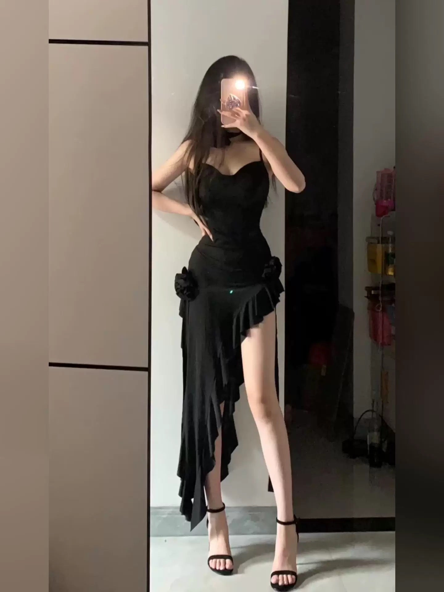 Simple Sheath Spaghetti Straps Black Satin Vacation Beach Dress Long Birthday Dress Main image