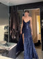 Simple Sheath Straps Long Navy Blue Slit Sequin Classy Prom Dress