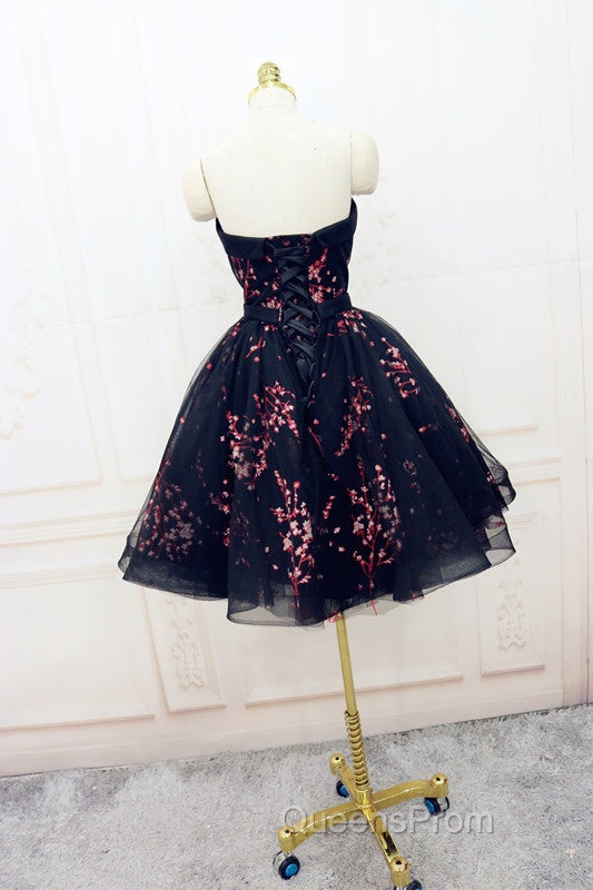 Simple Short Black Tulle Party Dress With Floral, Lovely Short Evening Prom Dress Secondary image