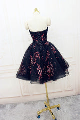 Simple Short Black Tulle Party Dress With Floral, Lovely Short Evening Prom Dress