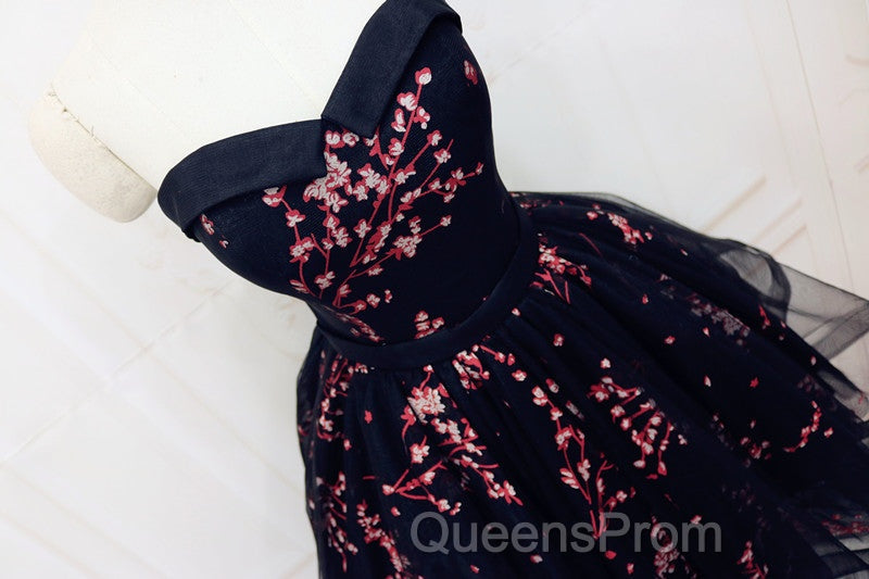 Simple Short Black Tulle Party Dress With Floral, Lovely Short Evening Prom Dress