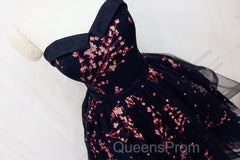 Simple Short Black Tulle Party Dress With Floral, Lovely Short Evening Prom Dress