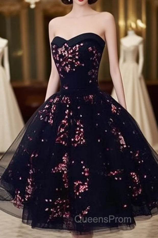 Simple Short Black Tulle Party Dress With Floral, Lovely Short Evening Prom Dress Main image