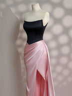 Simple Slit Pleated Mermaid Satin Sweep Train Pink Long Classy Prom Dress