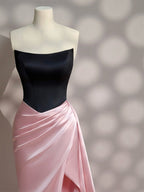 Simple Slit Pleated Mermaid Satin Sweep Train Pink Long Classy Prom Dress