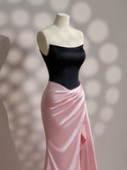 Simple Slit Pleated Mermaid Satin Sweep Train Pink Long Classy Prom Dress