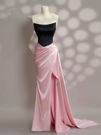 Simple Slit Pleated Mermaid Satin Sweep Train Pink Long Classy Prom Dress