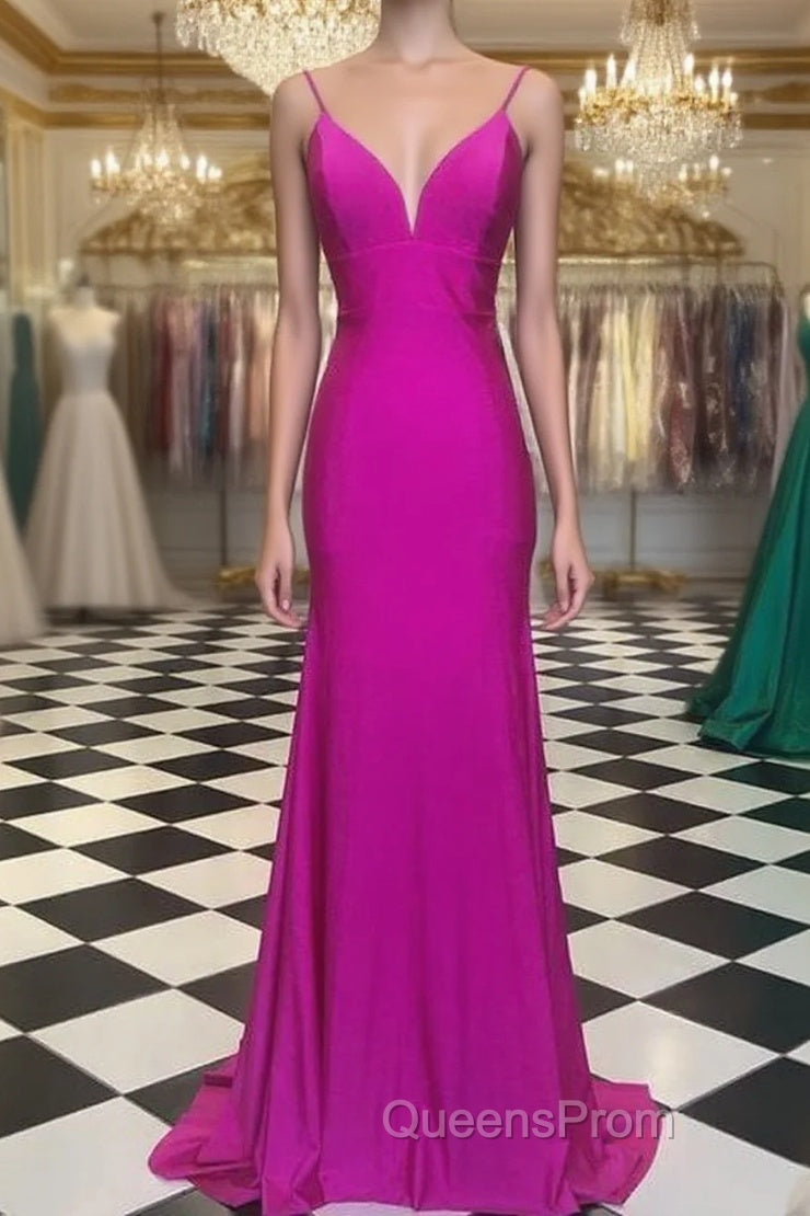Simple Spagehtti Straps Fuchsia Satin Mermaid Evening Prom Dress Main image