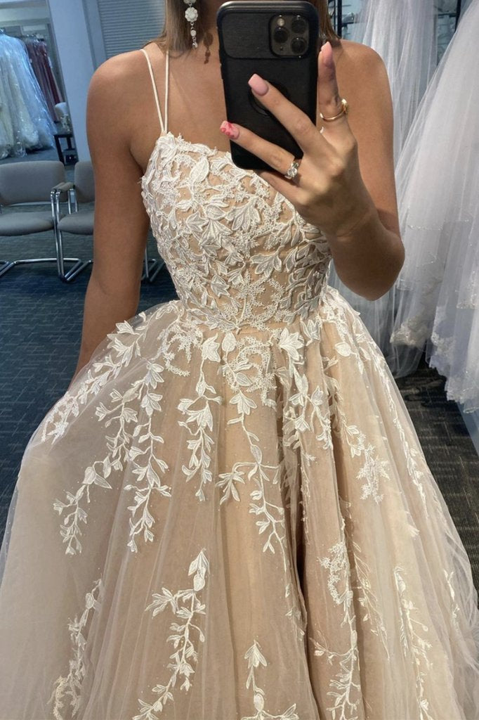 Simple Spaghetti Straps A-Line Lace Appliques Tulle Long Classy Prom Dress