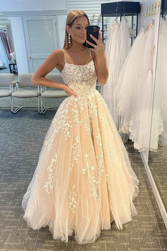 Simple Spaghetti Straps A-Line Lace Appliques Tulle Long Classy Prom Dress Main image