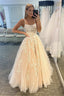 Simple Spaghetti Straps A-Line Lace Appliques Tulle Long Classy Prom Dress