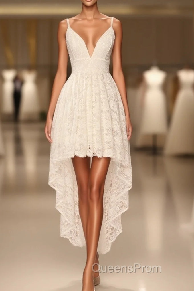 Simple Spaghetti Straps Hi-Lo Evening Prom Dress,White Lace Evening Prom Dress Main image