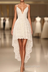 Simple Spaghetti Straps Hi-Lo Evening Prom Dress,White Lace Evening Prom Dress