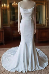Simple Spaghetti Straps Satin Mermaid Ivory Wedding Dress Bridal Gown