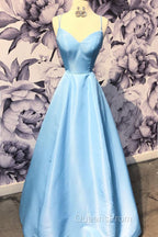 Simple sweetheart blue satin long Evening Prom Dress, blue evening Dress
