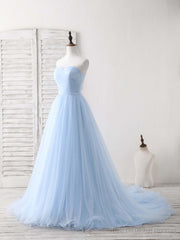 Simple Sweetheart Blue Tulle Long Prom Dress Blue Evening Dress