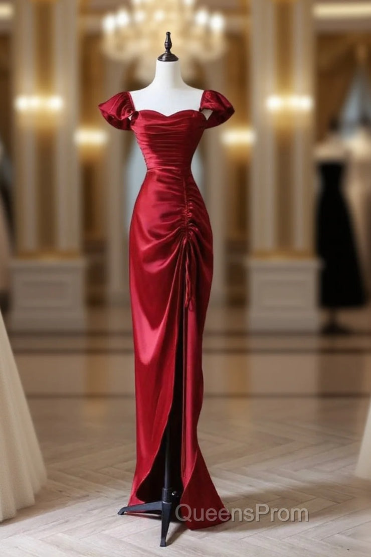 Simple Sweetheart Neck Satin Burgundy Long Evening Prom Dress, Burgundy Long Formal Dress Main image