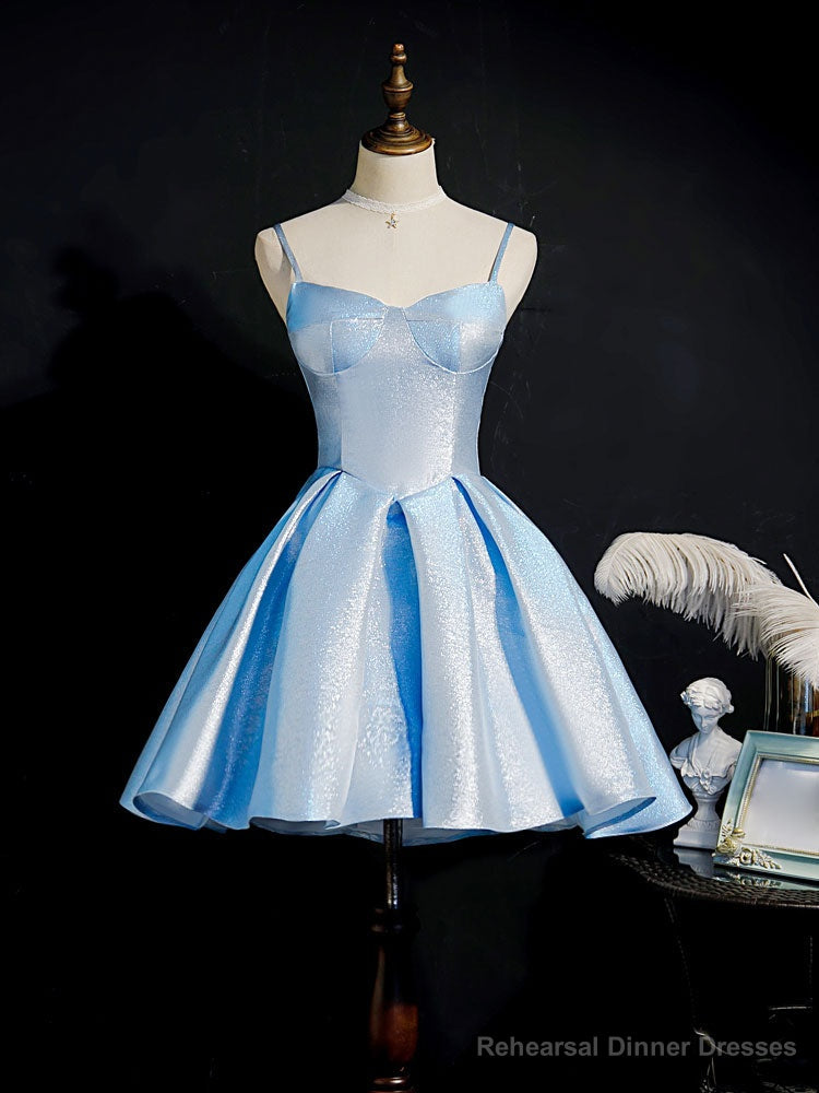 Simple Sweetheart Neck Satin Short Blue Prom Dresses, Puffy Blue Homecoming Dresses Main image