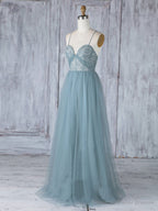 Simple Sweetheart Neck Tulle Lace Long Prom Dresses, Gray Blue Bridesmaid Dresses