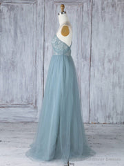 Simple Sweetheart Neck Tulle Lace Long Prom Dresses, Gray Blue Bridesmaid Dresses