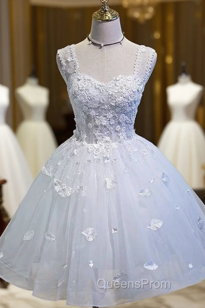 Simple Sweetheart White Lace Up Beads Lace Appliques Tulle Straps Homecoming Dress Main image